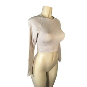 Women M L Neuapparel Ribbed Long Slv Gray Shirt Crop Top Stretch Seamless